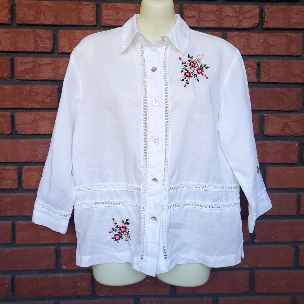 VTG Linen Embroidered Floral Top Sz S White 3/4 Sleeve Cottagecore Lagenlook